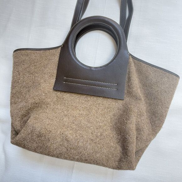 HEREU Studio Cala S Tote Bag In Brown Leather Tan Fabric Rare - Picture 3 of 10